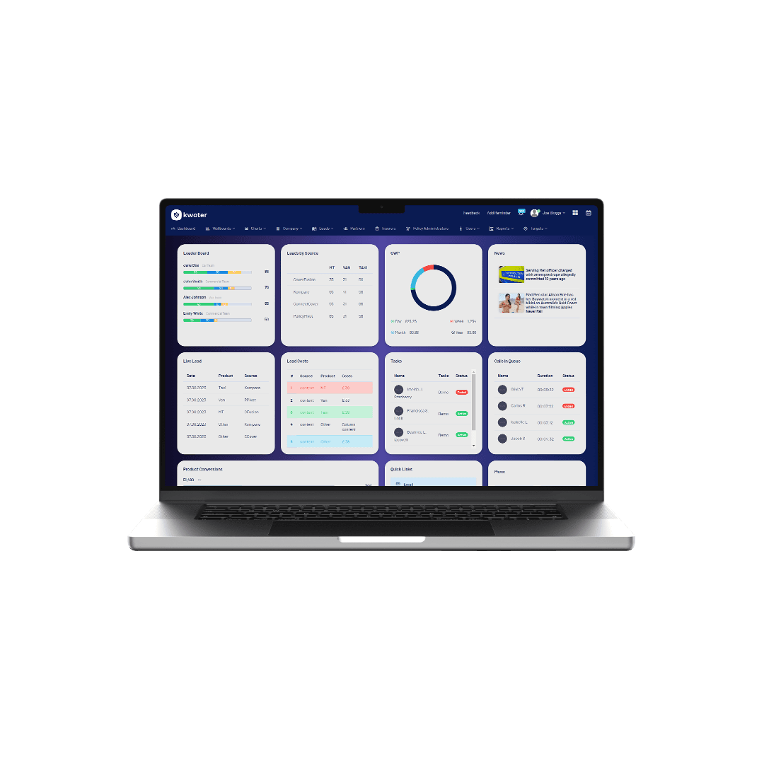 The Kwoter quoting platform dashboard on a MacBook